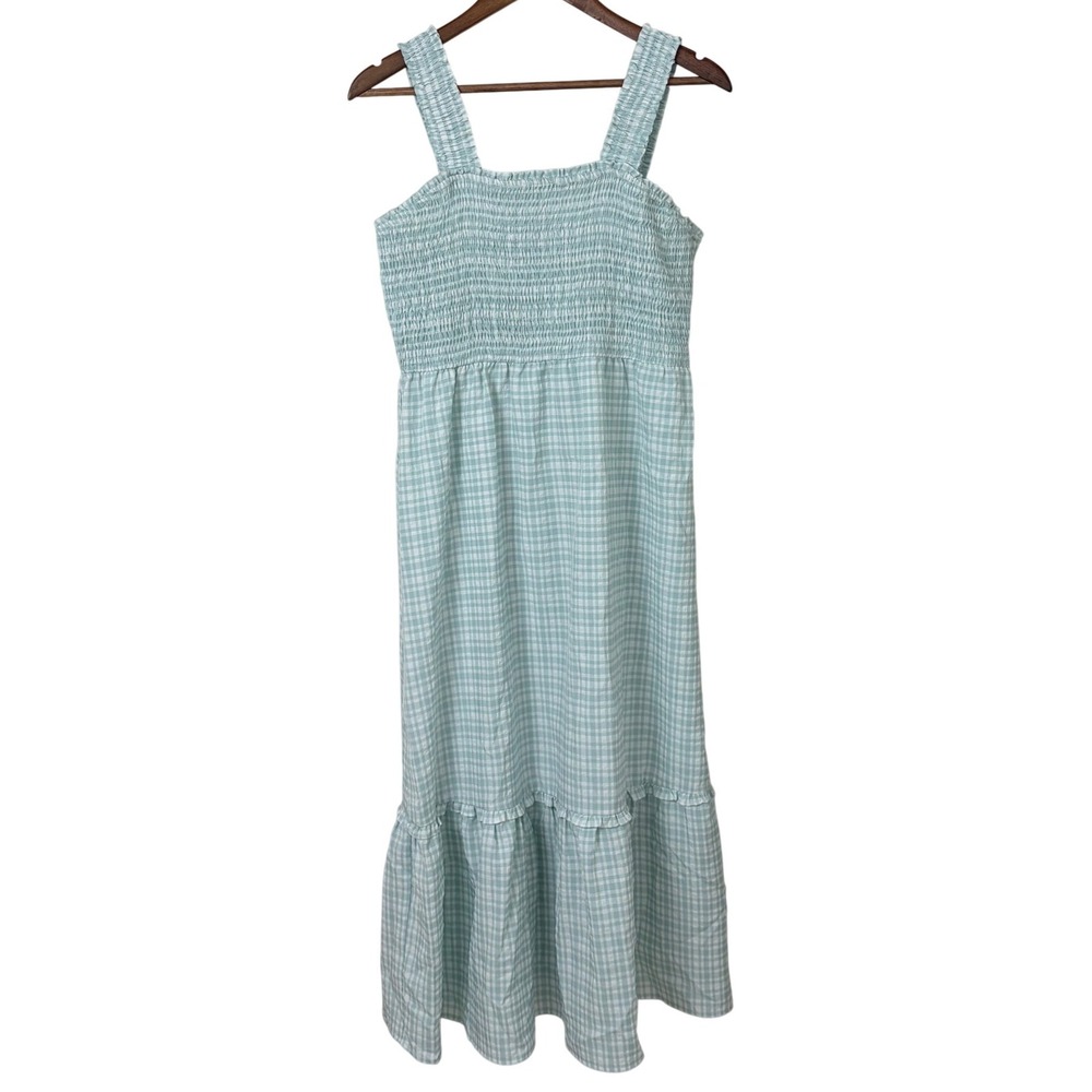 Skies Are Blue Gingham Midi Dress Womens L Blue Smocked Tiered Sundress Coastal